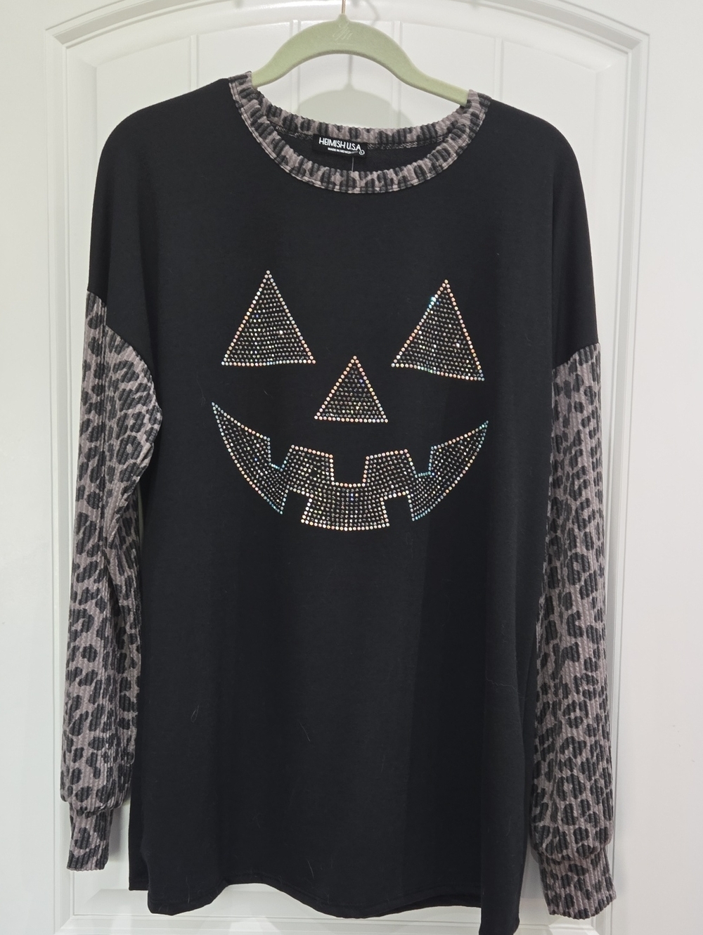 HEIMISH USA Black Top with Gray Leopard-Print Trim And Crystal Jack O Lantern